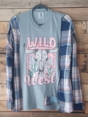 Upcycled  Wild West Graphic Long Sleeve Shirt - Light Blue & Pink